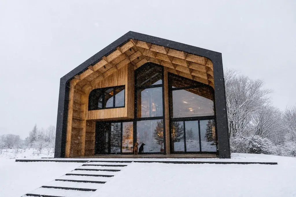 Surface Construcciones — Casa Nórdica (Trevelin, Patagonia), exterior de la casa con laguna, paisaje nevado