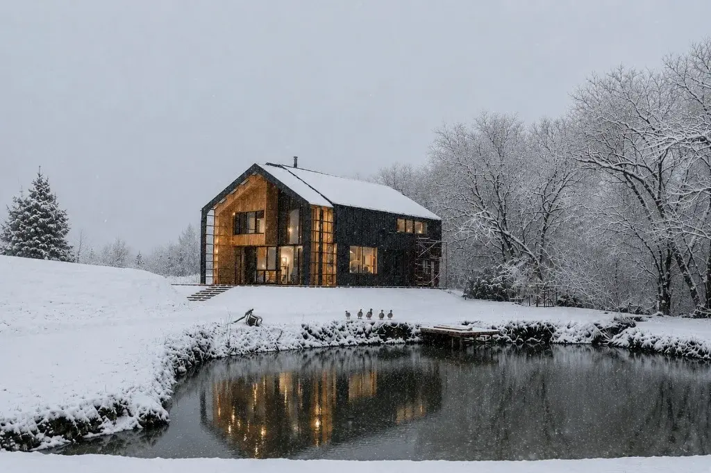 Surface Construcciones — Casa Nórdica (Trevelin, Patagonia), exterior de la vivienda con laguna en entorno nevado