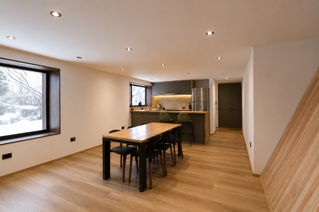 Surface Construcciones — Casa Huésped en Trevelin, perspectiva general del ambiente integrado de living comedor y cocina
