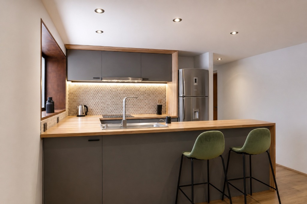 Surface Construcciones — Casa Huésped en Trevelin, barra de cocina con mesada en madera maciza, banquetas de terciopelo y mobiliario grafito