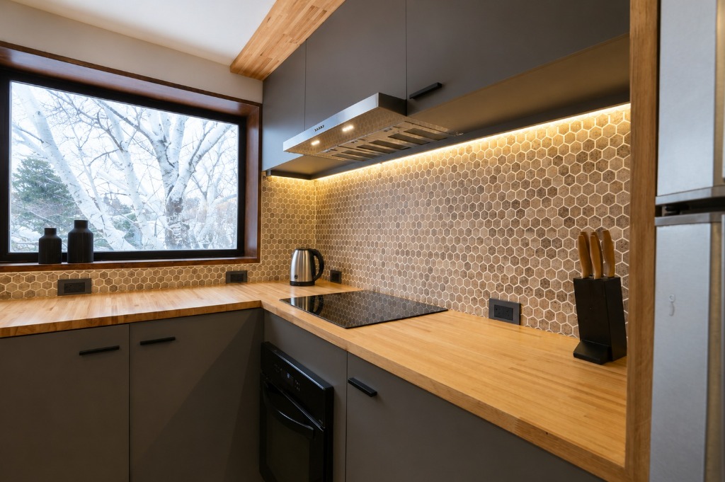 Surface Construcciones — Casa Huésped en Trevelin, detalle de anafe vitrocerámico, campana extractora con iluminación LED y revestimiento