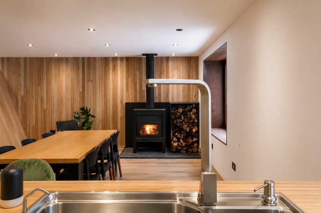 Surface Construcciones — Casa Huésped en Trevelin, detalle de bacha y grifería monocomando con vista hacia el comedor y estufa