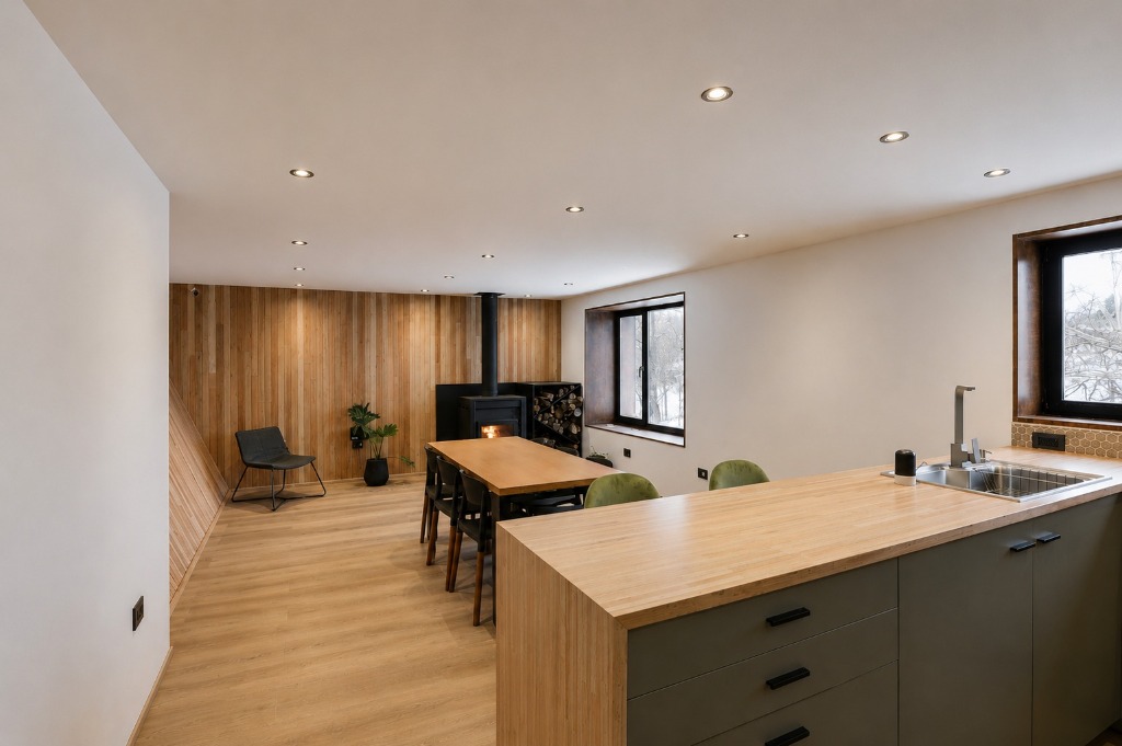 Surface Construcciones — Casa Huésped en Trevelin, isla de cocina con cajoneras ocultas y visuales hacia el estar